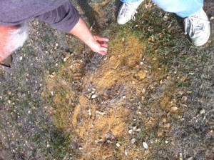 A hole covered with dirt and grass